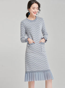 O-neck Long Sleeve Wave Stripe Sweater Dress