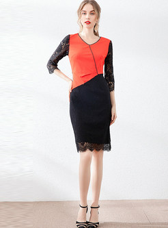 V-neck Patchwork Color-blocked Lace Bodycon Dress
