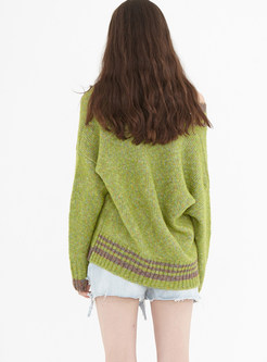 Casual V-neck Color-blocked Loose Sweater 
