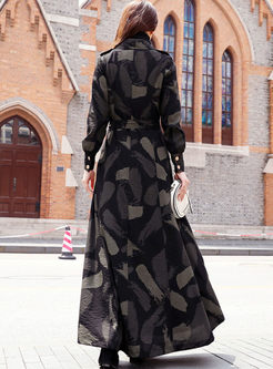 Turn Down Collar Print A Line Trench Coat