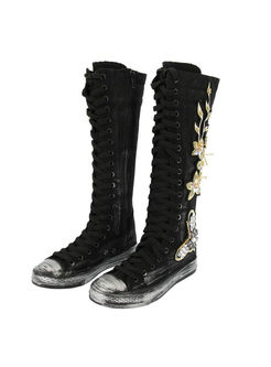 Retro Embroidered Canvas Long Boots