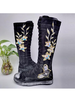 Retro Embroidered Canvas Long Boots