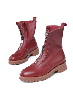 Fashion Wine Red Square Heel Zipper Boots 