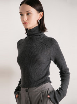 Gray High Collar Slim Pullover Sweater