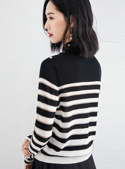 Half Collar Button Striped Color-blocked Sweater