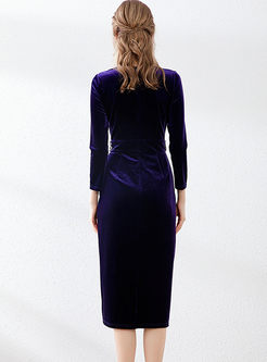 V-neck Long Sleeve Velvet Bodycon Dress