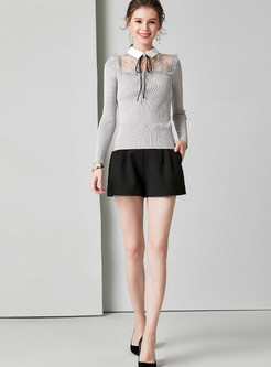 Stand Collar Lace Patchwork Slim Sweater 