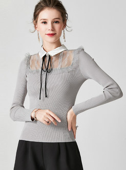 Stand Collar Lace Patchwork Slim Sweater 