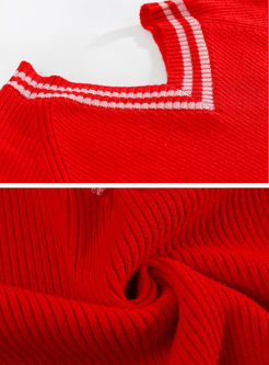 Red V-neck Loose Pullover Sweater
