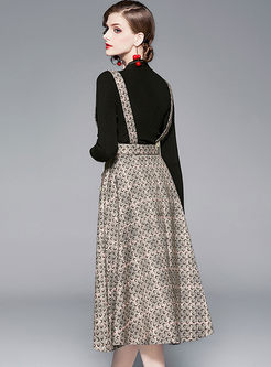 Black Long Sleeve Sweater & Plaid Print Skirt