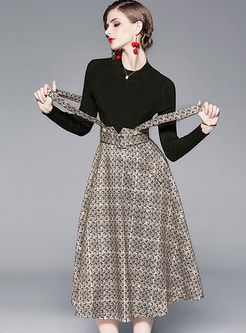 Black Long Sleeve Sweater & Plaid Print Skirt