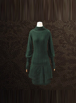 Retro High Collar Pullover Pleated Mini Sweater Dress