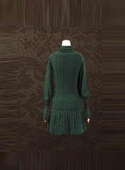 Retro High Collar Pullover Pleated Mini Sweater Dress