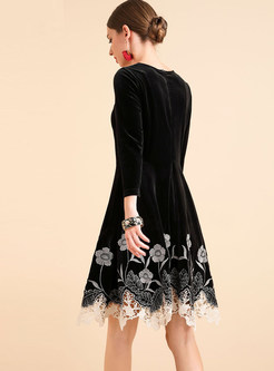 V-neck Irregular Embroidered Waist Skater Dress 