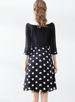 Square Collar Patchwork Dot A Line Dress 