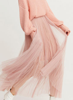 Sweet Pink Elastic Waist Mesh A Line Skirt