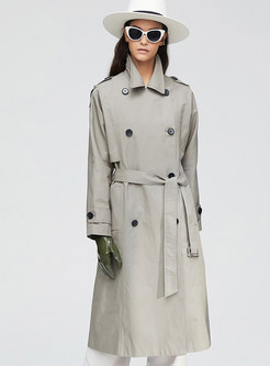 Gray Lapel Straight Trench Coat With Belt 