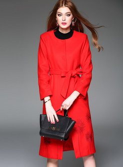Red O-neck Embroidered Thick Long Overcoat