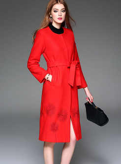 Red O-neck Embroidered Thick Long Overcoat