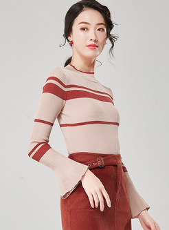 Stand Collar Color-blocked Slim Sweater 