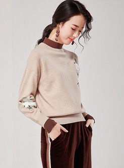 Color-blocked Embroidered Pullover Slim Sweater