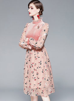 Standing Collar Embroidered Velvet Midi Dress