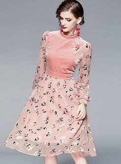 Standing Collar Embroidered Velvet Midi Dress