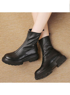 Black Platform Leather Zipper Short Boots