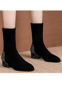 Black Chunky Heel Diamond Short Boots