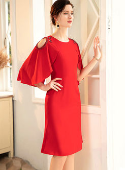 Red O-neck Cloak Sleeve Bodycon Dress