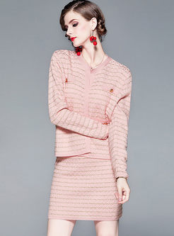 Pink Slim Knit Cardigan & Slim Mini Skirt
