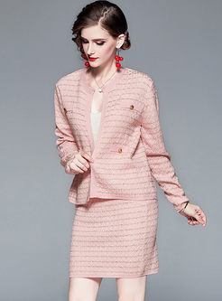 Pink Slim Knit Cardigan & Slim Mini Skirt
