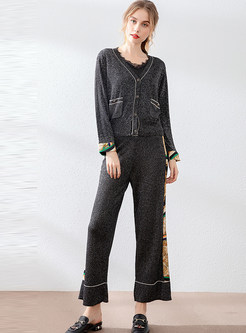 Casual Patchwork Knit Two Piece Pants Suits 