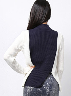 Half Collar Color-blocked Split Pullover Sweater