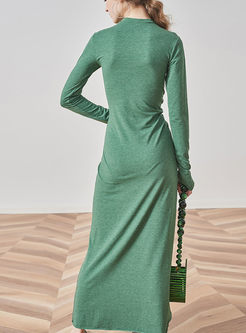 Long Sleeve Pleated Slit Slim Maxi Dress