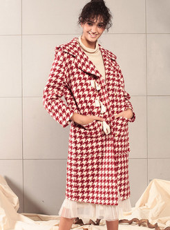 Red Plaid Single-breasted Long Hooded Overcoat 