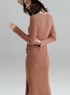 V-neck Solid Color Bodycon Sweater Dress