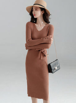 V-neck Solid Color Bodycon Sweater Dress