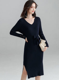 Solid Color Long Sleeve Slit Sweater Dress