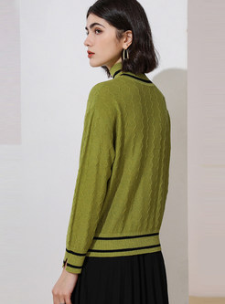 Green High Collar Color-blocked Pullover Sweater