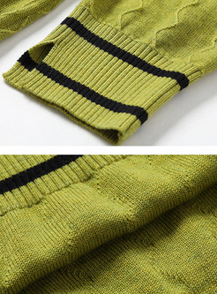 Green High Collar Color-blocked Pullover Sweater
