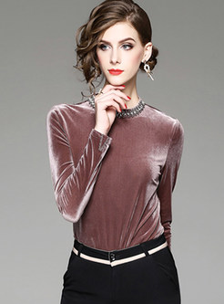 Solid Color Rivet Velvet Pullover Blouse