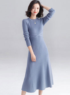Solid Color Tie High Waisted Sweater Dress