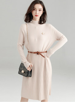 Pleated Patchwork A Line Sweater Dress 