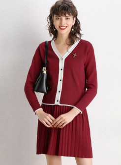 Color-blocked Knit Pleated Two-piece Dress