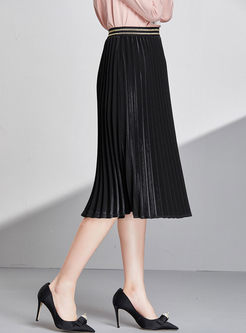 Black Elastic Waist Pleated A Line Skirt