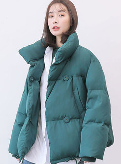 Casual Green Stand Collar Loose Bubble Coat