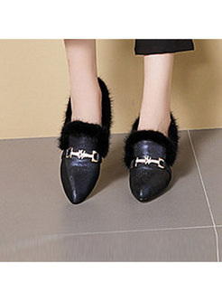 Pointed Head Buckle Square Heel Fur Shoes