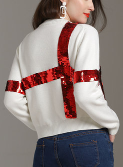 Sequin Color-blocked Embroidered Pullover Sweater