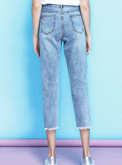 Casual Hole Embroidered Denim Pants